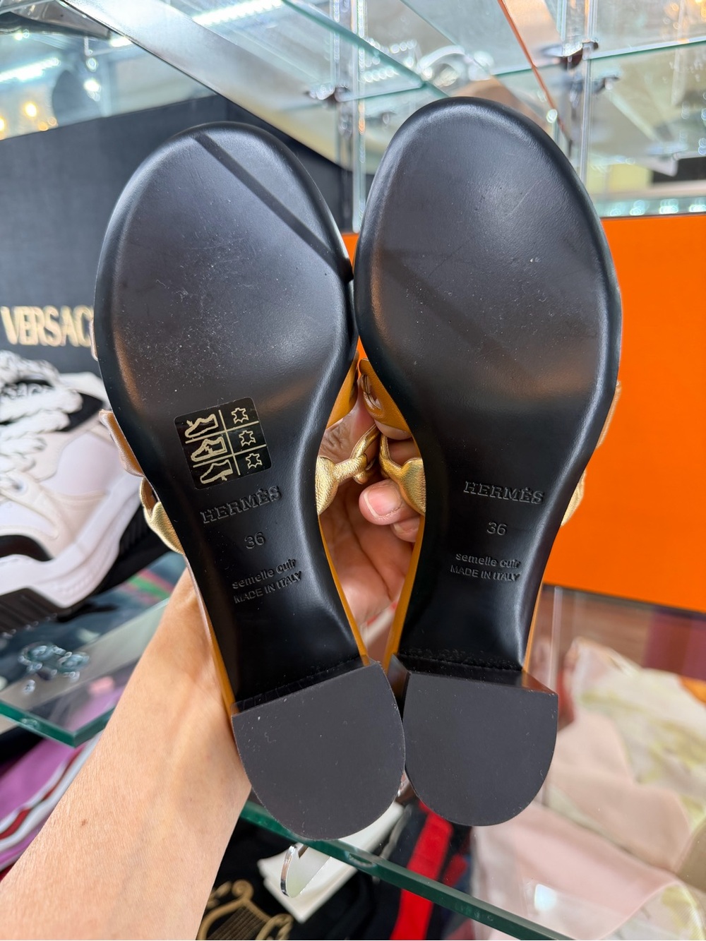 Hermes Tan Leather Chain-Link Slide Heels - Picture 7 of 12